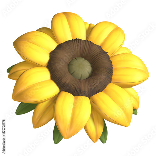 Foto A vibrant 3D rendering showcases a stylized sunflower with bright yellow petals and green leaves radiating from a textured dark brown center with a subtle green core
