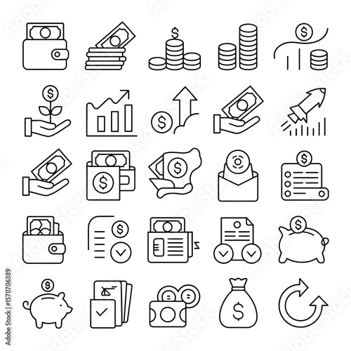 Collection of twenty five black and white line art financial icons depicting money growth investment savings and banking transactions including wallets piggy banks graphs charts coins bills