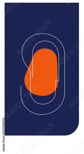 Abstract graphic design featuring an orange shape enveloped by white lines on a navy blue background.