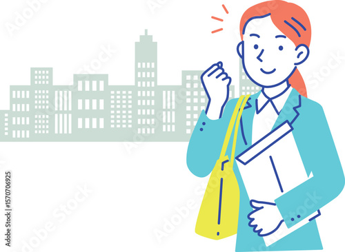 ビルをバックに笑顔でガッツポーズするビジネススーツ姿の女性イラスト