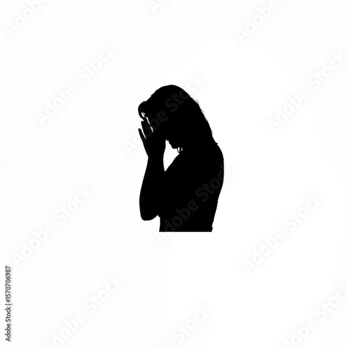 Silhouette of woman crying with hands covering face on white background