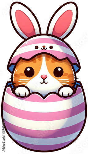 A cat hiding inside an Easter egg with bunny ears, cute Easter theme