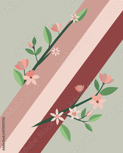 Elegant floral arrangement with retro stripe background evokes spring and nature design elements, ideal for decorative applications.