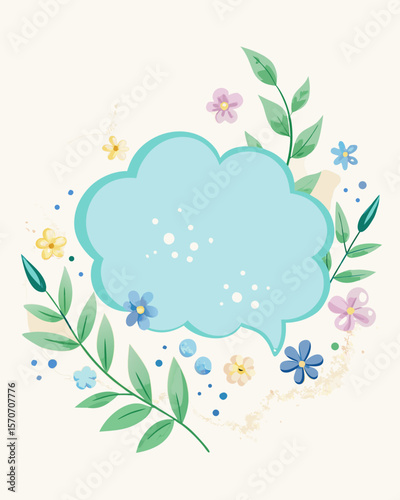 Floral design with a cloud shaped frame and delicate flowers creates a peaceful, decorative springtime layout suitable for invitations.