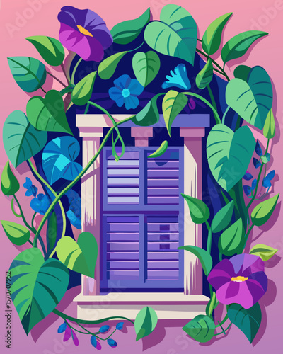 A serene window overgrown with morning glories creates a charming and colorful design suitable for various creative projects.