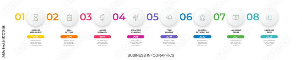 Naklejka premium Vector infographic design template. Modern timeline concept with 8 steps, circles. Vector illustration used for diagram, workflow layout, banner, webdesign