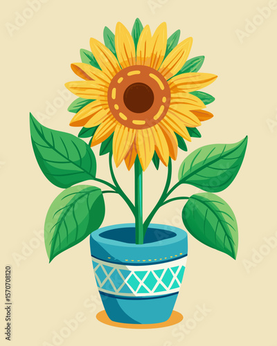 A cheerful sunflower design blossoming in a decorative blue pot, perfect for spring designs and summer-themed projects with a vibrant, natural aesthetic.