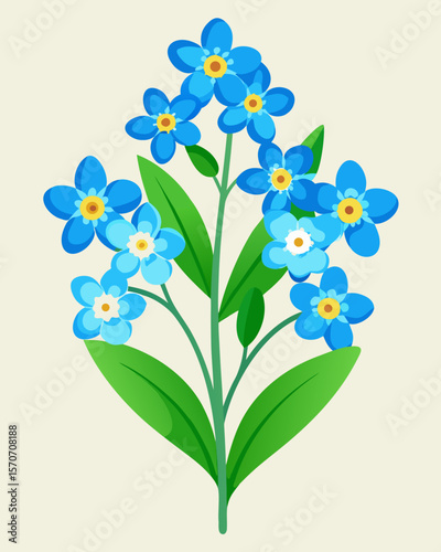 A graceful collection of forget-me-not flowers featuring delicate blue petals and verdant green leaves, ideal for spring designs.