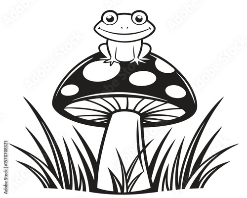 Cute cartoon frog sitting atop a spotted mushroom surrounded by long blades of grass vector.