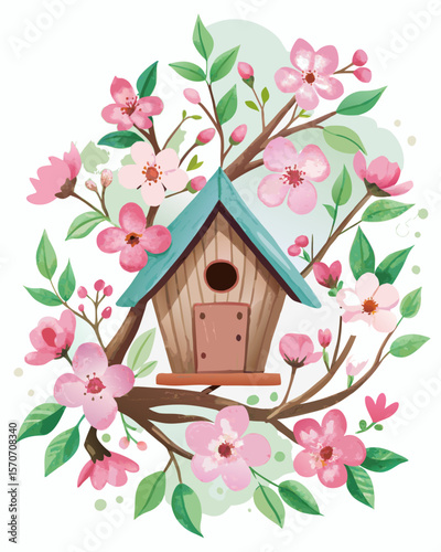 A cute birdhouse nestled among blossoming cherry branches offers a charming springtime design for your projects and creative endeavors.