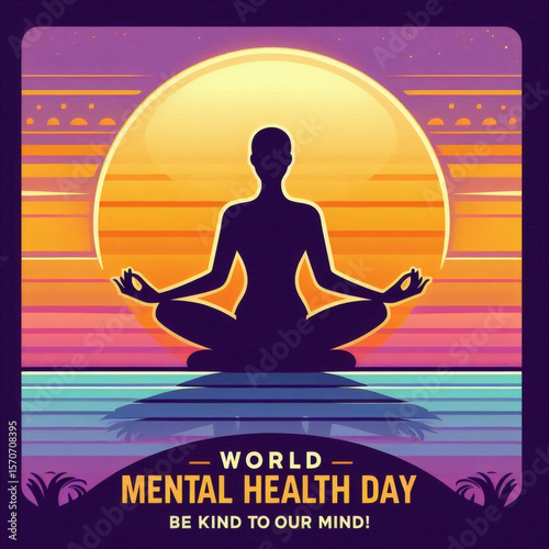 A silhouette of a person meditating in front of a large glowing sun or moon over water with the text  world mental health day   be kind to our mind!  below it