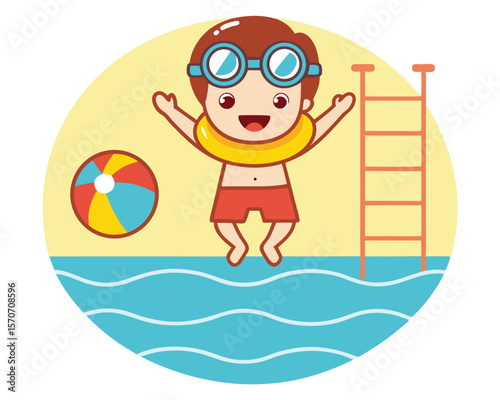 Cheerful little boy wearing swim goggles and rubber ring enjoys a refreshing dip in a pool.