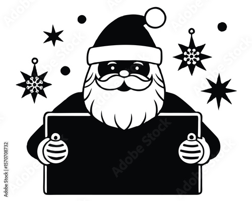 Black and white santa claus holding sign surrounded by christmas stars and decorative ornaments.