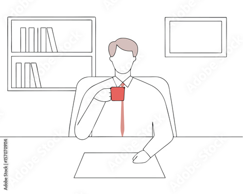 Business professional pauses for a moment to enjoy coffee in a simplistic office environment.