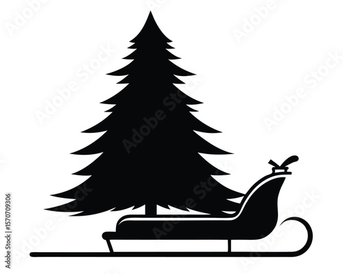 Silhouette of a christmas tree and santa's sleigh in black on a white background for design purposes.