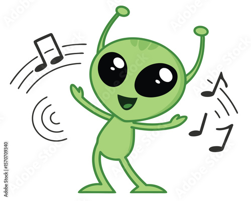 Cheerful green alien dancing and enjoying music with animated musical notes on a white background.