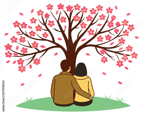 Romantic couple seated under a flowering cherry blossom tree in a peaceful spring setting.