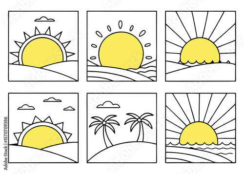 Simple vector illustrations depicting various stylized sunset scenes with suns, clouds, palm trees, and oceans.