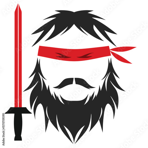 A stylized illustration of bearded a man with a red bandana red sword.