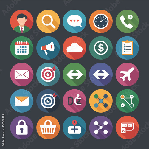 Collection of Twenty Five Flat Design Icons Depicting Diverse Business and Communication Symbols Including User Profile Clock Mail Target Airplane Shopping Cart and More on Dark Background