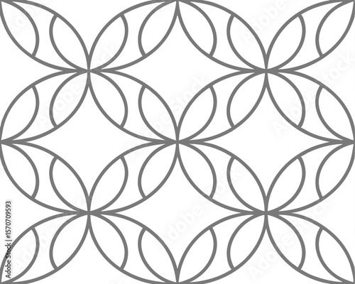 Geometric seamless pattern of interconnected petal shapes in gray color against a white background.