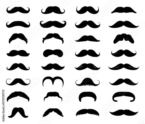 Collection of various black mustache silhouettes isolated on white background for design elements