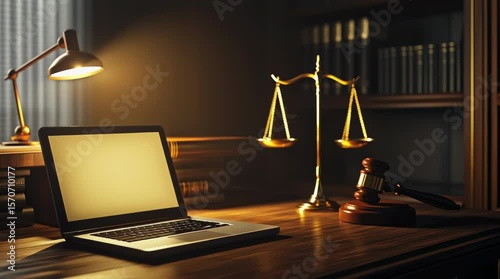 An elegant lawyer's desk featuring books, scales, and a laptop.