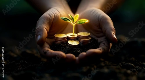 A seedling grows from coins, symbolizing prosperity and sustainability.