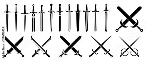 Set of various sword silhouettes isolated on white background warfare and battle concepts