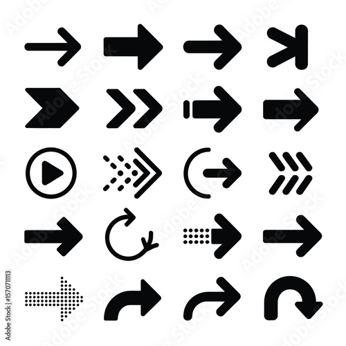 Collection of twenty four black arrow icons on white background various styles and directions including right left up down curved circular and dotted arrows simple vector graphic design
