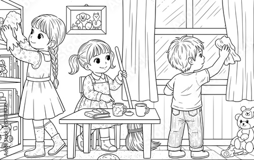 Cute children cleaning the house together with broom and duster in cozy home interior line art