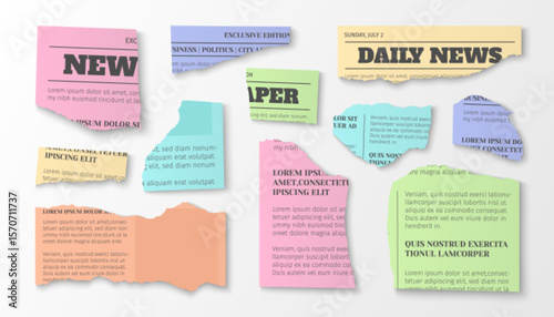 Torn newspaper and magazine clippings in pastel colors - paper scraps with headlines and article text. Colorful ripped media collage elements with ripped edges for scrapbooking or journalistic design.