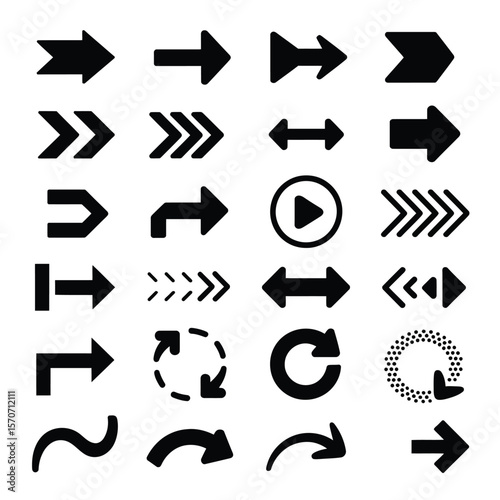 Collection of twenty four black arrow icons various styles shapes and directions isolated on white background vector illustration set of navigation pointers for website design app interface