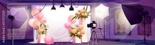 Photo studio cartoon scene - white backdrop with pink balloons, flower bouquets in vases, camera on tripod, umbrella lights. Professional equipment setup for wedding, birthday photography sessions.