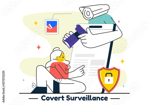 Covert Surveillance Vector Illustration Featuring the Act of Observing and Recording Individuals Without Their Knowledge in a Flat Background