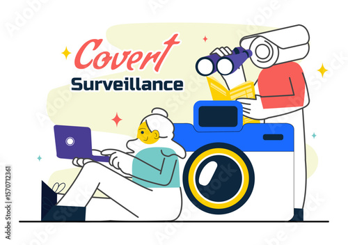 Covert Surveillance Vector Illustration Featuring the Act of Observing and Recording Individuals Without Their Knowledge in a Flat Background