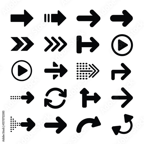 Collection of Twenty Four Black Arrow Icons Vector Graphics Set Various Styles Directions Navigation Symbols U I Elements Web Design Interface