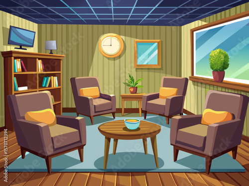 vector of A pleasant wooden waiting room with modern armchairs and a television, suitable for business environments