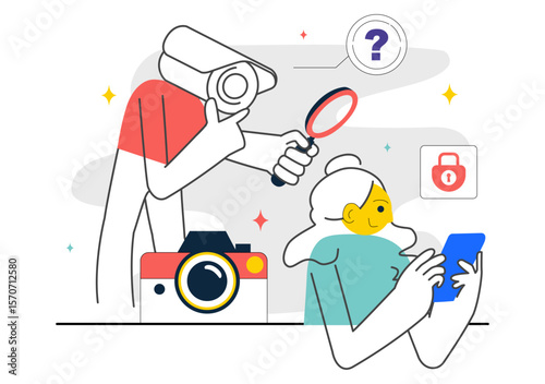 Covert Surveillance Vector Illustration Featuring the Act of Observing and Recording Individuals Without Their Knowledge in a Flat Background