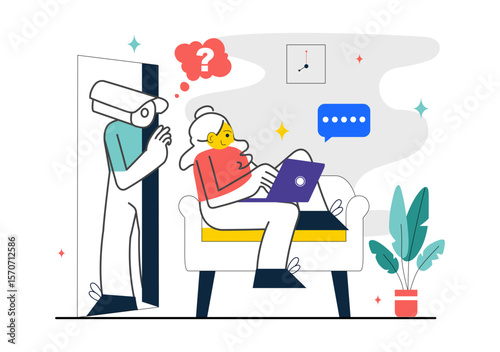 Covert Surveillance Vector Illustration Featuring the Act of Observing and Recording Individuals Without Their Knowledge in a Flat Background