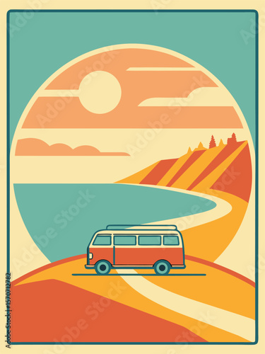 Retro Vintage Camper Van Coastal Road Trip Summer Vacation Scenic View