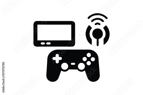 Digital gaming icons representing a handheld console wireless controller and signal waves for online multiplayer gaming experiences