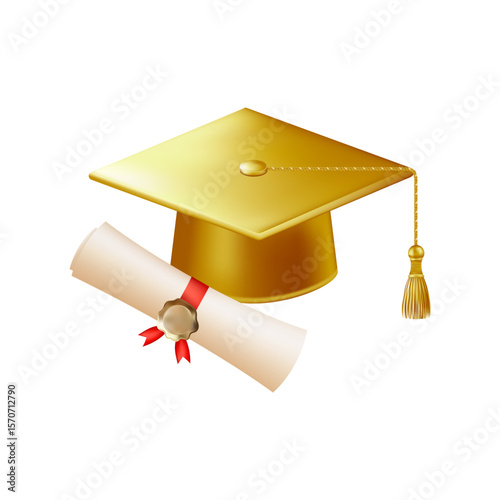 3d diploma scroll with graduate hat. Vintage roll paper