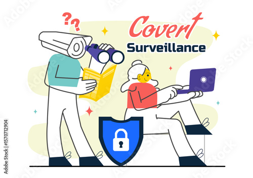 Covert Surveillance Vector Illustration Featuring the Act of Observing and Recording Individuals Without Their Knowledge in a Flat Background