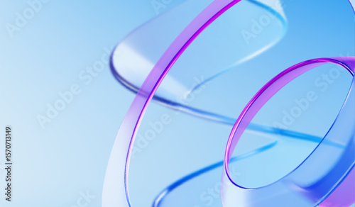 Spiral glass ribbons flowing - transparent purple and blue curves weaving, glossy twisted bands. Abstract wave patterns for modern wallpaper, tech background. Smooth crystal strips with motion effect.