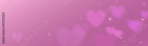 Dreamy pink heart filter background with sparkling stars and soft bokeh lights. Romantic gradient texture with floating symbols and glowing particles for valentine cards or love themed designs.