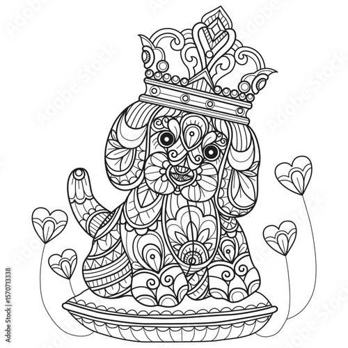 Puppy and crown hand drawn for adult coloring book