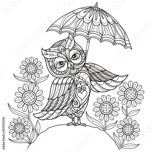 Owl and sunflowers hand drawn for adult coloring book
