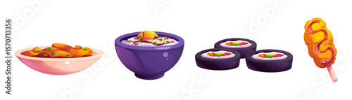 Korean food cartoon set - bowl with spicy tteokbokki, dish of noodles topped with egg, sushi rolls and twisted corn dog on stick. Colorful Asian cuisine illustrations for menu design or mobile games.