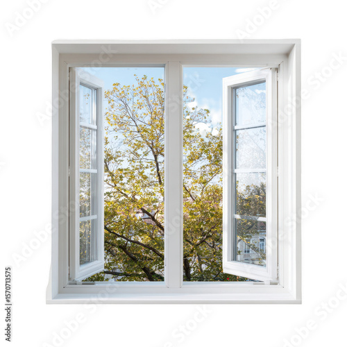 White window open to a tree-filled view